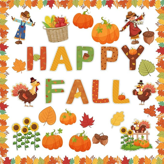 Fall Pumpkin Bulletin Board Decorations Set for Classroom Happy Fall Pumpkin Leaves Paper Cutouts Autumn Bulletin Board with Borders for Thanksgiving Theme Preschool School Classroom Door Wall Decor