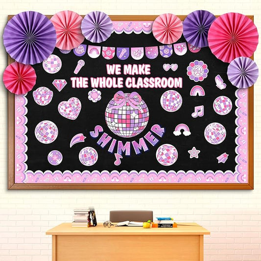 Eersida Spring Bulletin Board Decorations with Paper Fans St Patricks Day 3D Classroom Bulletin Board Christian Easter Flower Bunny Cutouts School VBS Library Church Window Wall Decor(Pink Disco)