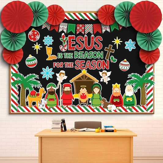 Eersida Spring Bulletin Board Decorations with Paper Fans St Patricks Day 3D Classroom Bulletin Board Christian Easter Flower Bunny Cutouts School VBS Library Church Window Wall Decor(Nativity)