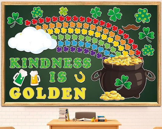 155PCS St.Patrick's Day Bulletin Board Decoration Set Shamrock Bulletin Board Decoration Kindness is Golden Cutouts for Bulletin Board St.Patrick’s Party Supply Classroom Chalkboard Wall Decor