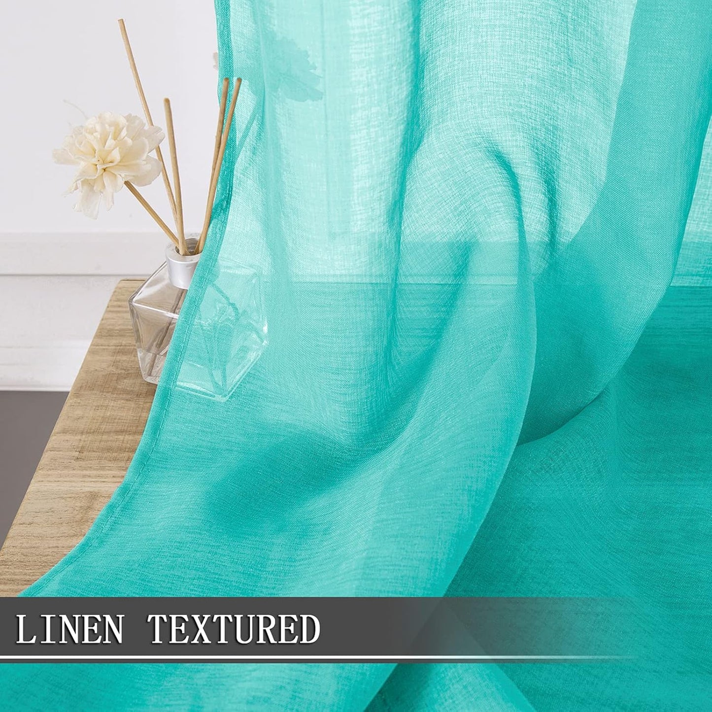 Tollpiz Sheer Curtains Linen Textured Living Room Curtain Sheers Light Filtering Rod Pocket Voile Curtains for Bedroom, 42 x 63 inches Long, Aqua Blue, Set of 2 Panels