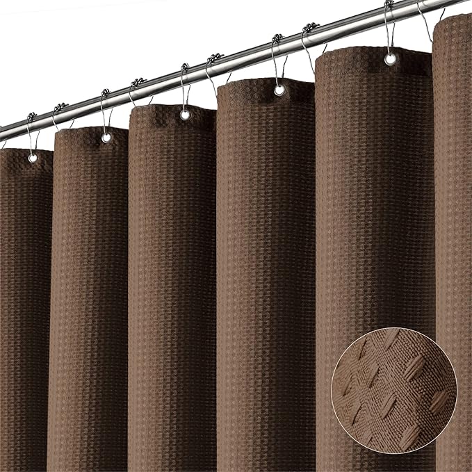Dynamene Stall Fabric Shower Curtain - 60 x 84 inch Long Waffle Weave Weighted Thick Cloth Shower Curtains for Bathroom, Neutral Heavy Duty Hotel Spa Luxury Bath Curtain Set with 10 Hook, Brown