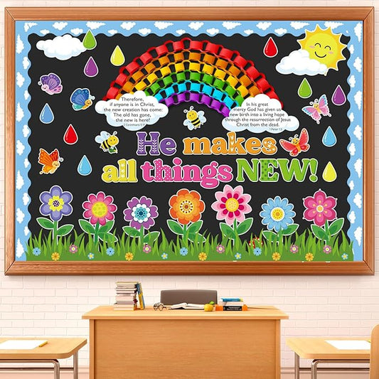 Religious Spring Bulletin Board Set Spring Rainbow Flower Classroom Decorations Christian Clouds Paper Cutouts for Door Wall Decor Easter Church Sunday School Supplies