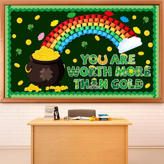St.Patrick's Day Bulletin Board Decoration Set 3D Rainbow Shamrock Gold Coin Cutouts You are Worth More Than Gold Classroom Bulletin Board for School Chalkboard Wall Decor St. Patrick Party Supplies