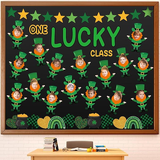 108 Pcs St. Patrick's Day Bulletin Board Sets One Lucky Class St. Patrick's Day Leprechaun Classroom Bulletin Board for Irish Holiday Party Supplies Home Classroom Chalkboard Wall Door Decor