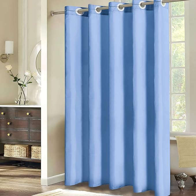 No Hook Stall Size Shower Curtain,48 x 84 Inch Small Half Narrow Shower Curtain Liner,Waterproof Fabric Bathroom Curtains with 6 Plastic Split Grommets,Hotel Grade Machine Washable,Light Blue