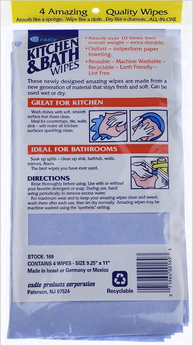 Cadie Kitchen and Bath Amazing Wipes - Absorbent and Reusable Cloth for Washing, Drying, Wiping in The Bathroom or Cuisine Surfaces | Cleaning Sink,Tiles,Bathtub,Walls,Mirror (5 Pack-20 Wipes, Blue)