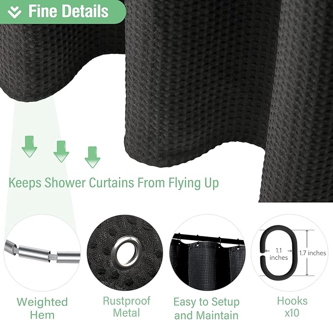 Dynamene Stall Fabric Shower Curtain - 54 inch Wide Waffle Weave Weighted Thick Cloth Shower Curtains for Bathroom, Neutral Heavy Duty Hotel Spa Luxury Bath Curtain Set with 10 Hooks, 54x72, Black