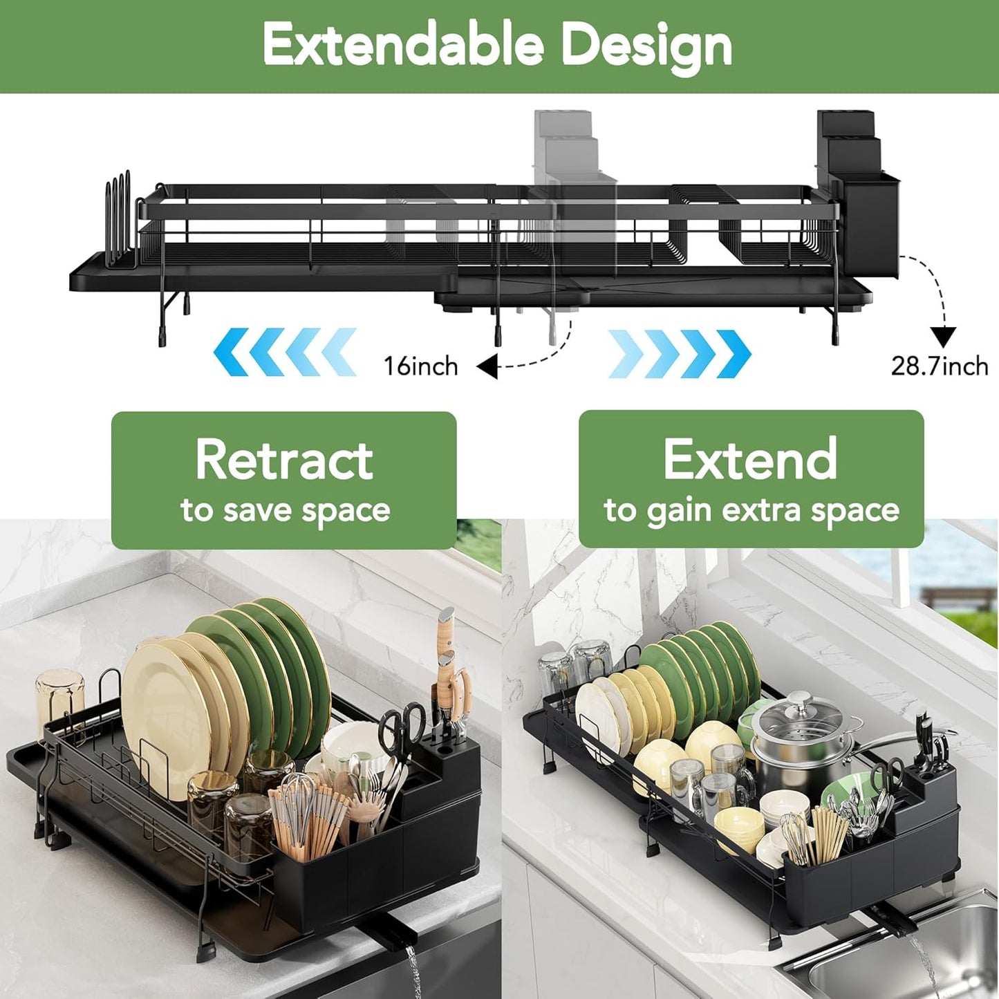 ROTTOGOON Expandable Dish Drying Rack,Multifunctional Adjustable Dish Drainer with Swivel Spout and Anti-Rust Dish Rack with Removable Cutlery & Cup Holders for Kitchen Counter,Black