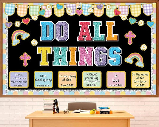 Easter Christian Bulletin Board Decorations Jesus DO All Thing Classroom Bulletin Board Set Religious Motivational Paper Cutouts for Pastel Bible Classroom School Office Home Wall Party Decor Supplies
