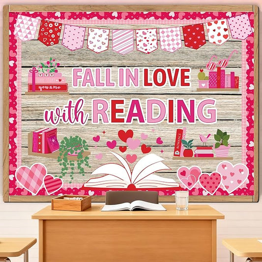 Valentine Bulletin Board Decorations - Valentine Reading Classroom Decorations, Heart Book Paper Cutouts Set for School Library, Valentines Day Chalkboard Office Wall Decor Supplies