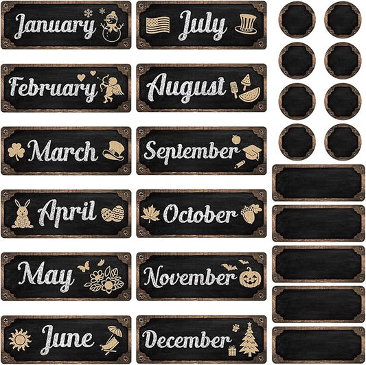 Gueevin 60 Pcs Industrial Chic Months of The Year Bulletin Board Set Holiday Monthly Headliners Employee of The Month Sign 12 Seasonal Monthly Headers for School Classroom Teacher Chalkboard Calendar