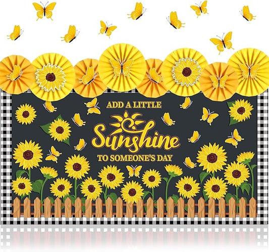 Janlaugh 72 Pcs Sunflower Bulletin Board Decorations with Paper Fans Summer Butterflies Flowers Classroom Bulletin Board Set Sunflower Cutouts for Classroom Office Window Wall Back to School Decor