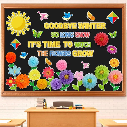 Pasimy 3D Summer Flowers Bulletin Board Decorations Set for Classroom Watch The Flower Grow Decor Floral Butterfly Bulletin Board Cutouts Borders Letters Summer Classroom Preschool Chalkboard Wall