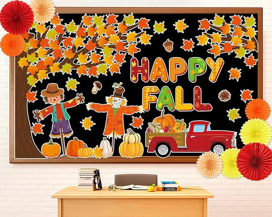 3D Happy Fall Bulletin Board Set Thanksgiving Autumn Classroom Decorations Autumn Tree Maple Leaf Pumpkin Scarecrow 71Pcs Paper Cutouts Fans for September Thanksgiving Chalkboard Home Wall Supplies
