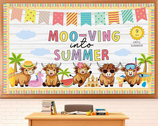 Summer Bulletin Board Set Highland Cow Bulletin Board Classroom Decorations Mooving Into Summer Cutouts for Teacher Classroom School Office Chalkboard Wall Library Window Home Decor