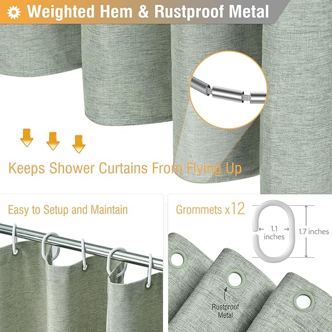 BTTN Fabric Shower Curtain, Linen Textured Heavy Duty Polyester Cloth Shower Curtain Set with Plastic Hooks, Sage Green, 72x84