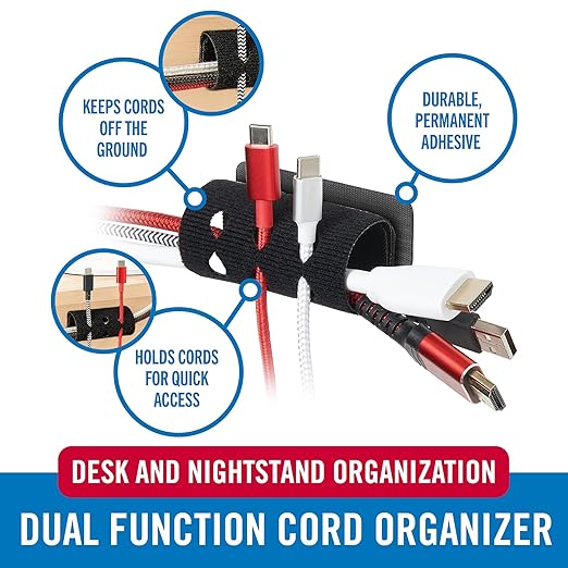 VELCRO Brand Cord Organizer for Desk Cable Management, Nightstand Organization, Unique Dual Function Cable Sleeve Cord Keepers Combo, Holds Wires for Easy Access, Route to Hide, Small 2pk Black