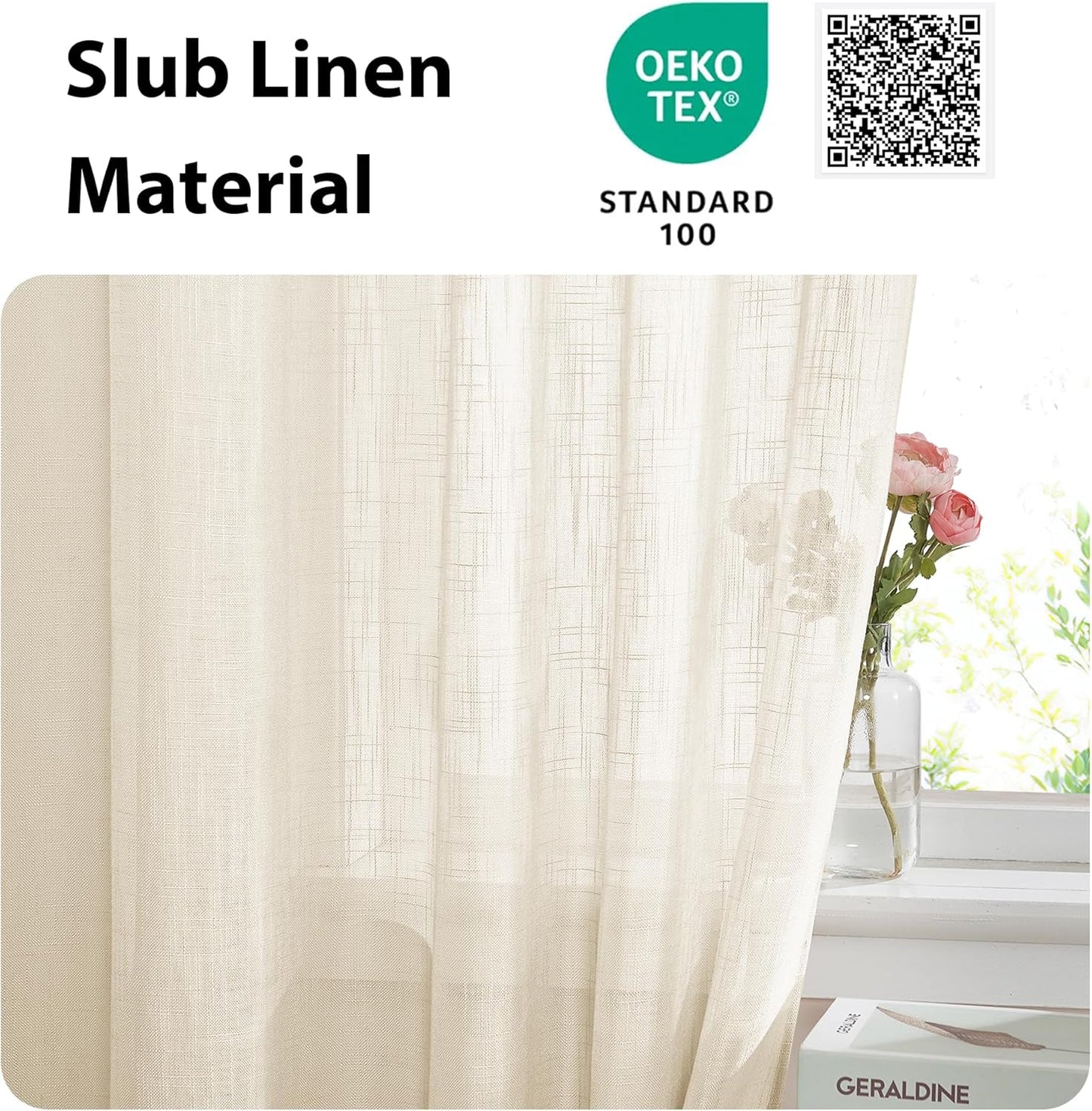 NICETOWN Faux Linen Kitchen Bathroom Door Curtains 40 Inches Length, Farmhouse Dual Rod Pocket Sheer French Door Curtains for Glass with Tieback for Privacy Protection, 1 PC, 36x40, Beige