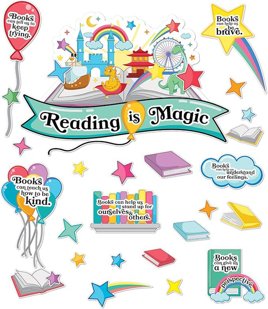Carson Dellosa 53 pc Bundle Reading is Magic Set, Retro Rainbow, Balloons, Books, and Star Cutouts with Inspirational Quotes for Bulletin Board Classroom Decor