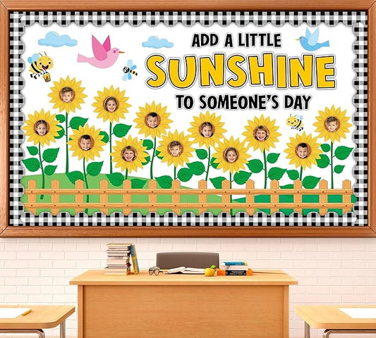 Fall Sunflower Bulletin Board Decorations Sunflower Paper Cutouts for Posting Photo Motivational Quotes Cutouts with Black Plaid Borders for School Classroom Chalkboard Wall Decor Supplies