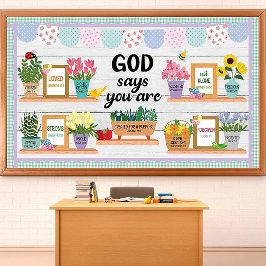 63 PCS Christian Bulletin Board Set God Says You are Religious Classroom Decoration Religious Plant Inspirational Paper Cutouts for Spring Church Sunday School Home Wall Window Supplies