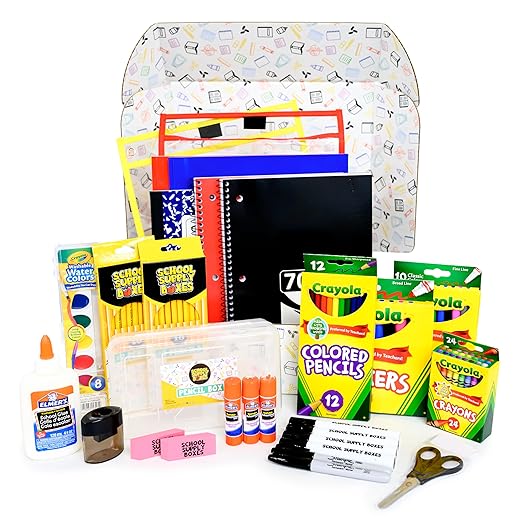 School Supply Boxes | Artistic Case (4 Boxes) | Back to School Essentials Kit for Students & Teachers | Includes Dry Erase Pocket Folders, Coloring Products, & Glue Products
