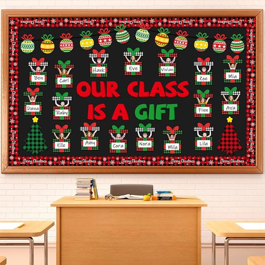Christmas Bulletin Board Decoration Set Xmas Gift Boxes Cutouts Classroom Decoration Xmas DIY Photo Craft Cutouts Christmas Tree Bulletin Boards for Holiday School Class Chalkboard Wall Decor Supplies