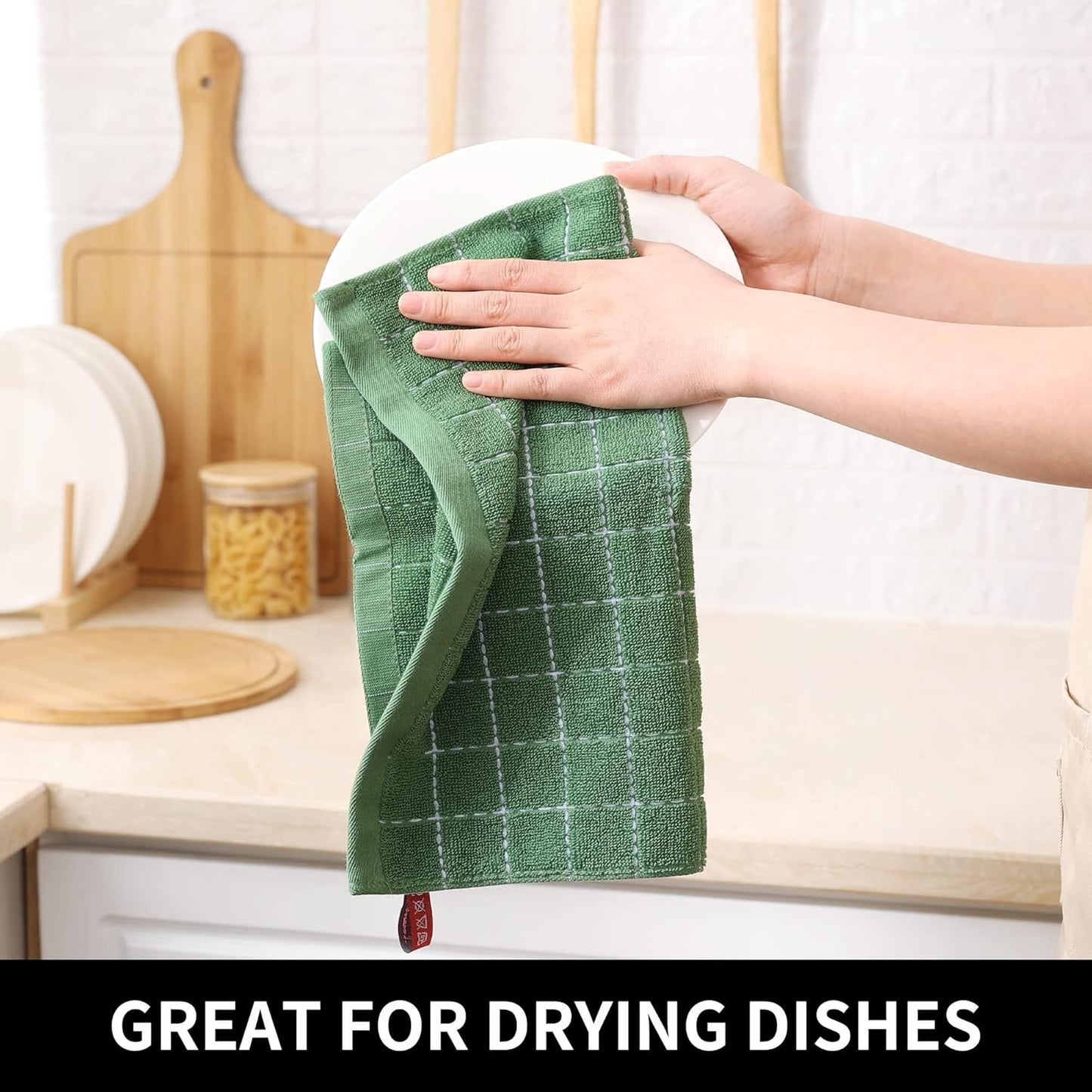Homaxy 100% Cotton Terry Kitchen Dish Cloths, Ultra Soft and Absorbent Dish Towels for Kitchen, Suitable for Drying and Washing Dishes, 8 Pack, 12 x 12 Inches, Grass Green