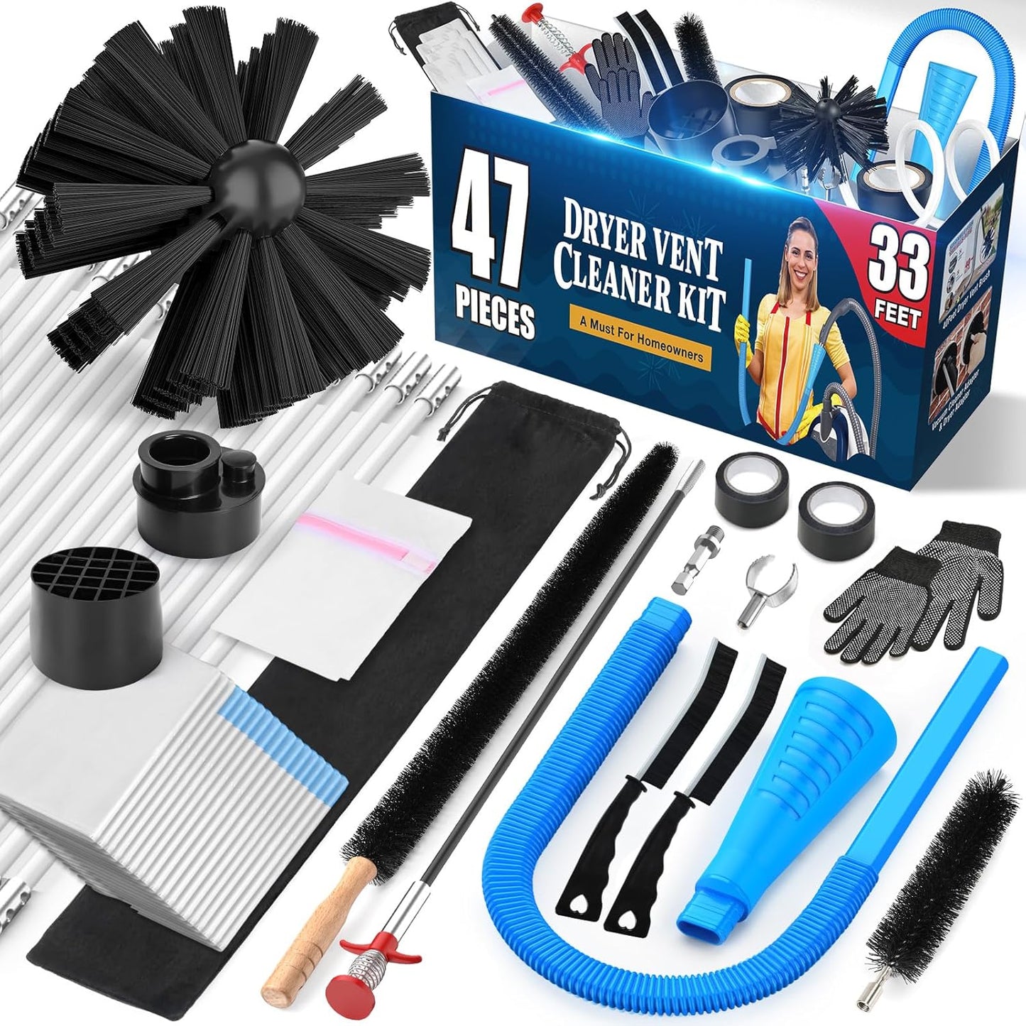 Sealegend 47-Pieces 33-Feet Dryer Vent Cleaner Kit, Dryer Cleaning Tools, Include Omnidirectional Blue Dryer Lint Vacuum Attachment, Dryer Vent Brush, Universal Vacuum & Dryer Adapters