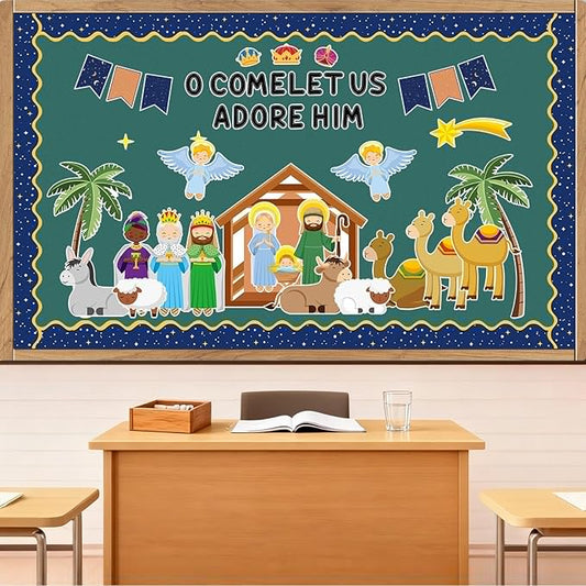 Christmas Bulletin Board Decorations - Nativity Scene Religious Classroom Decorations Set Xmas Jesus Christian Paper Cutouts Bulletin Board Decor School Chalkboard Office Wall Decor Supplies