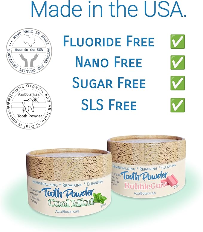Remineralizing & Cleansing Tooth Powder, Cool Mint. Fluoride Free, SLS Free, Nano Free for Organic Oral Wellness (1 Ounce (Pack of 2), Mint & Bubblegum)