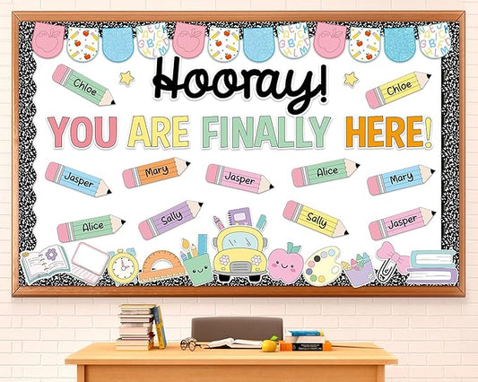 Back to School Bulletin Board Decorations Composition Notebook Bulletin Board Set Colorful Notebook Pencil Paper Cutouts Hooray You're Finally Here for First Day of School Classroom Decor Supplies