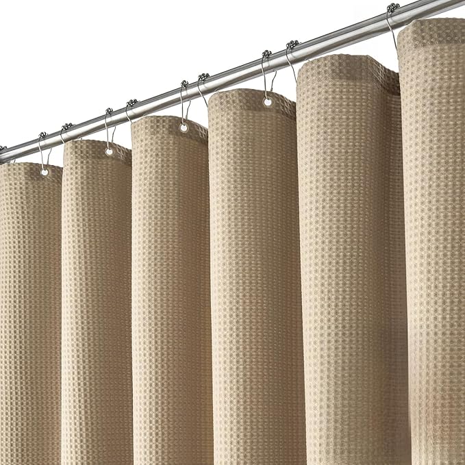 Dynamene Stall Fabric Shower Curtain - 48 inch Wide Waffle Weave Weighted Thick Cloth Shower Curtain for Bathroom, Neutral Heavy Duty Hotel Spa Luxury Bath Curtain Set with 8 Hook, 48x72, Beige/Khaki