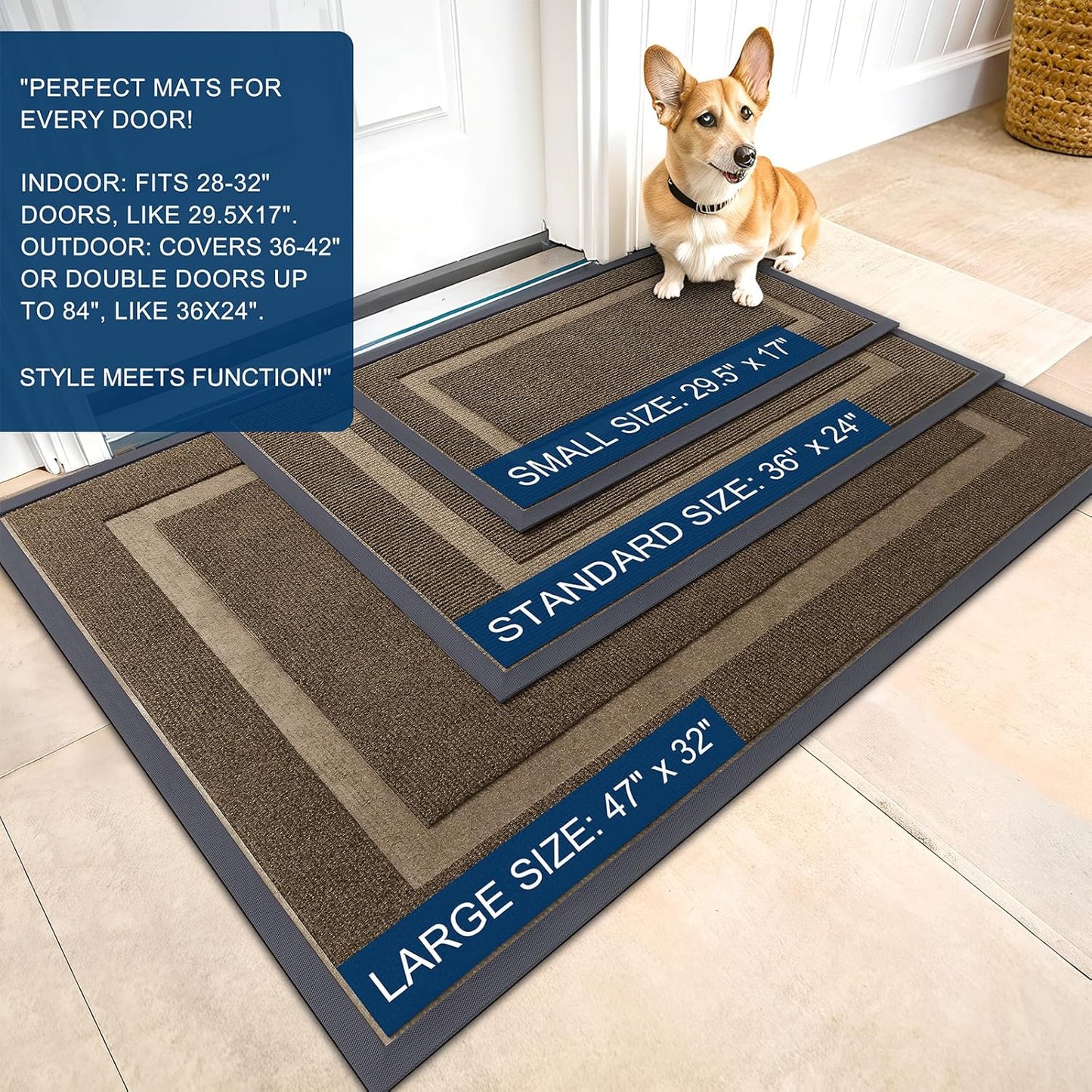 OLANLY Front Door Mat Indoor Outdoor Entrance, Waterproof All-Season, All-Weather Doormat, Sturdy Natural Rubber, Fade Resistant, Low Profile, Easy Clean Patio Porch Entryway Mat, 59x20, Brown