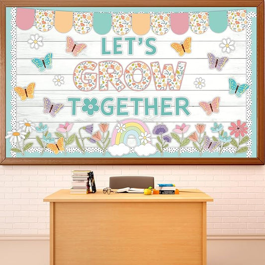 Spring Bulletin Board Decor Set Motivational Let's Grow Together Pastel Flower Butterfly Rainbow Classroom Cutout April Or May Bulletin Board for Back to School Home Nursery Chalkboard Wall Decor