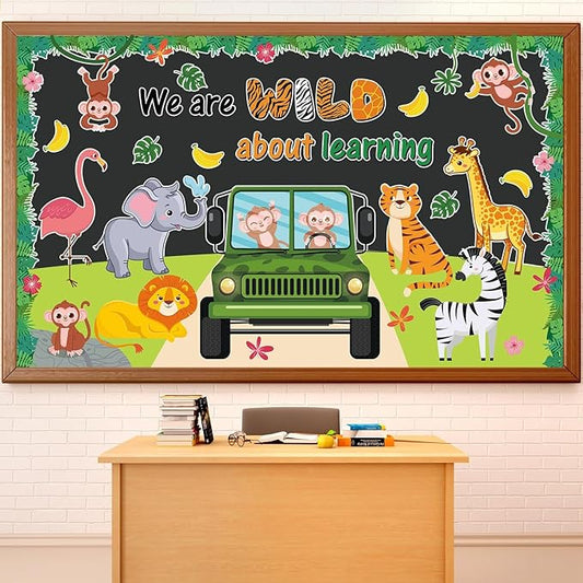 72PCS We Are Wild About Learning Bulletin Board Set Jungle Animals Truck Classroom Decoration Wild Monkey Elephant Safari Paper Cutouts for Teacher Summer Back to School Chalkboard Wall Decor Supplies