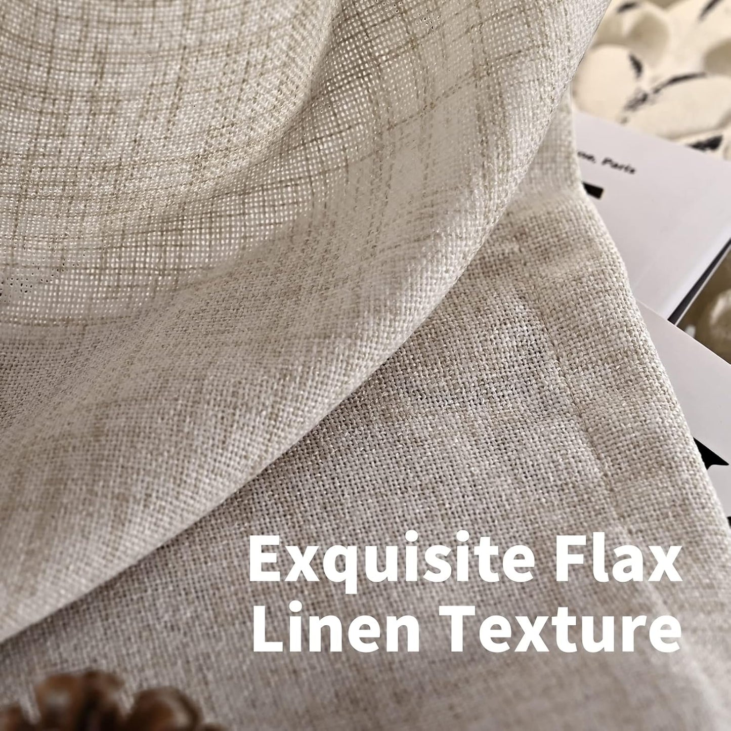 YoungsTex Linen Curtains 48 Inch Length for Kitchen Window, Short Natural Semi Sheer Drapes with Rod Pocket Back Tab for Living Room Bedroom Cafe Bathroom Light Filtering, 2 Panels, 42 X 48 Inch