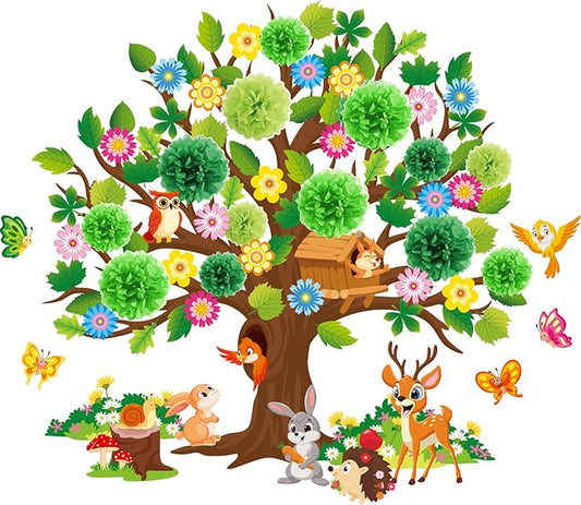 Pajean 110 Pieces Classroom Tree Bulletin Board Set Spring Tree Bulletin Board Decoration with Paper Pom Poms 3D Flowers Leaves Butterfly Cutouts for School Classroom Home Wall Chalkboard Decor