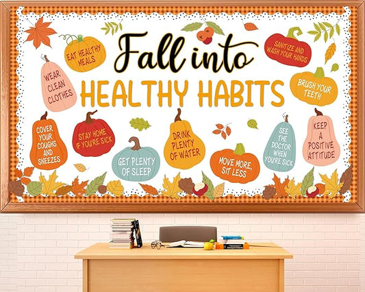 Fall Healthy Bulletin Board Set Fall Into Healthy Habits Bulletin Board Autumn Pumpkin Classroom Paper Cutouts Maple Leaves Poster for Thanksgiving Classroom Teacher Chalkboard Office Wall Door Decor