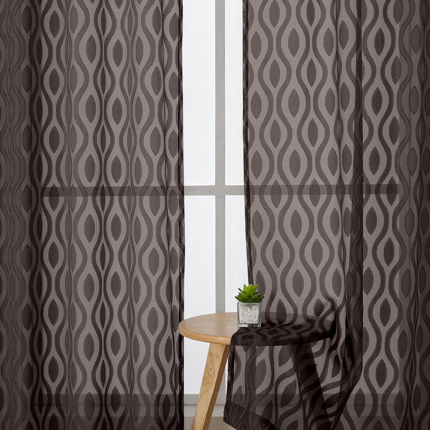Aiyufeng Sheer Brown Curtains 45 Inch Length 2 Panels Set, Farmhouse Clip Jacquard Textured Short Sheer Curtains, Lightweight Chic Wavy Line Window Curtain Panels for Bedroom, 40" Wx45 L Inches