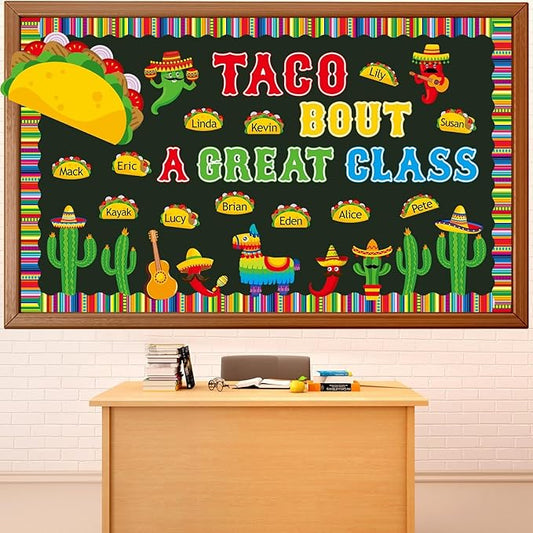 Back to School Bulletin Board Set Taco Bout a Great Class Classroom Decoration Mexican Fiesta De Mayo Themed Name Tag Cutouts for School Nursery Chalkboard Wall Door Decor Party Supplies
