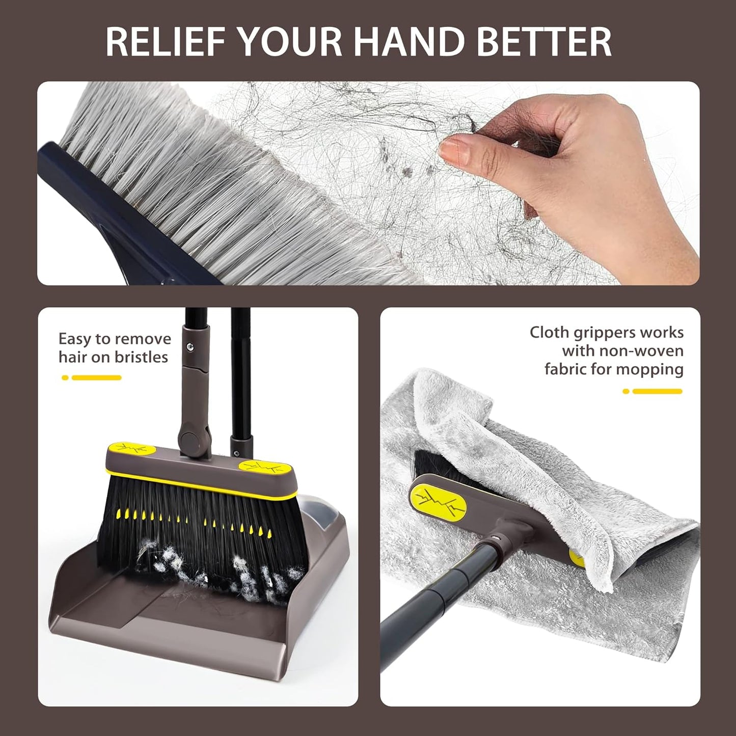 JEHONN Broom with Dustpan Combo Set, Long Handle Lightweight 180 Degree Rotating Sweeping Brush Indoor, Upright Standing Dust Pan with Comb Teeth for Home Room Kitchen Office Lobby (Brown Yellow)