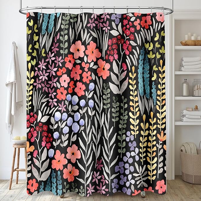 Extra Long Shower Curtain 72 x 84 Inch, Tall Cute Floral Shower Curtain for Bathroom, Colorful Wildflower Boho Cottagecore Fabric Shower Curtain Set with Hooks, Black