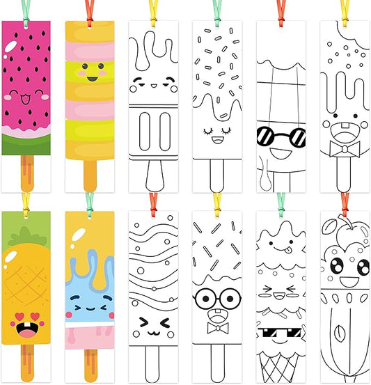 150Pcs Ice Cream Color Your Own Bookmarks for Kids Summer Ice Cream Theme DIY Coloring Blank Bookmark Classroom Art Craft Supplies for Teachers Students Birthday Gift Party Reward Goodie Fillers