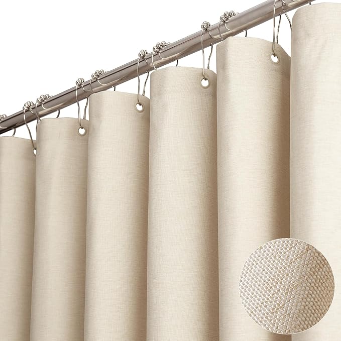 BTTN Clawfoot Tub Shower Curtain - 180 x 72 Extra Wide Linen Textured Weighted Fabric Shower Curtain Set with 32 Hooks, Large Hotel Simple Neutral Polyester Shower Curtains for Bathroom - Cream/Beige