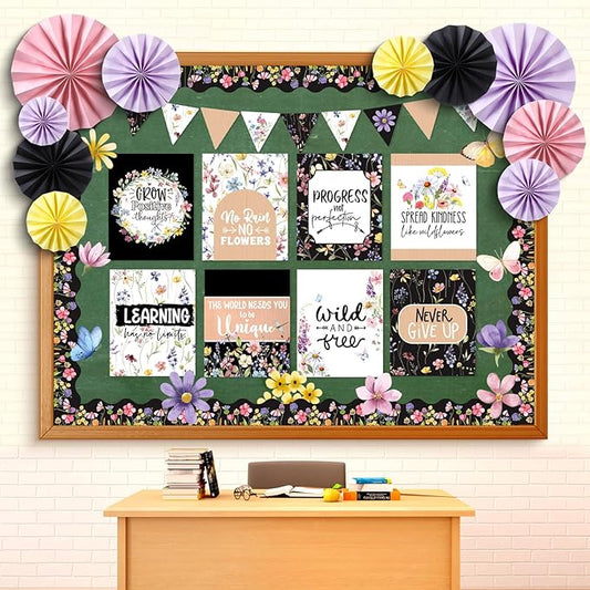 Pajean 62 Pcs Wildflower Classroom Bulletin Board Decorations with 3D Paper Fans Inspirational Posters Cutouts Floral Positive Bulletin Board Set Motivational for School Classroom Home Decorations