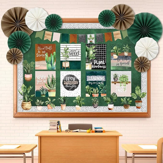 Pajean 62 Pcs Boho Plant Classroom Bulletin Board Decorations with 3D Paper Fans Inspirational Posters Cutouts Greenery Positive Motivational Bulletin Board Set for School Classroom Home Decorations
