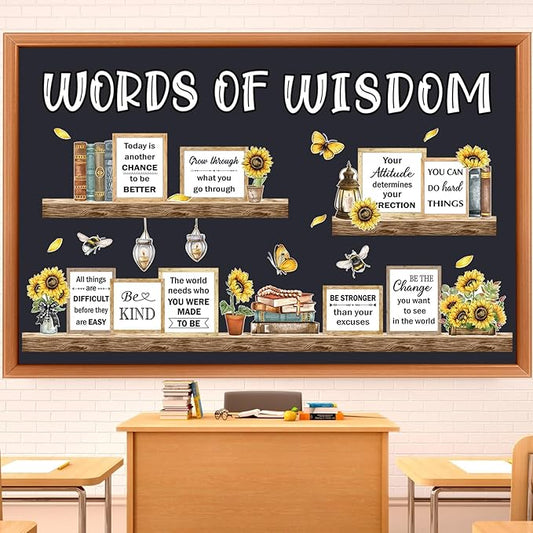 Qilery Sunflower Bulletin Board Decorations Set - Rustic Farmhouse Classroom Decor with Inspirational Quotes Cutouts, Motivational Wall Art for Teachers, Preschool, Library & Spring School Supplies