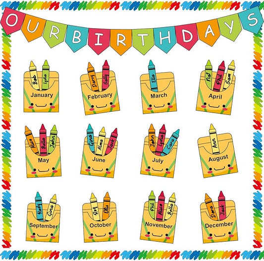 Birthday Bulletin Board Set for Classroom Decorations Pencil Box Cutouts Colorful Pencil Tags with Trim Borders for Back to School Birthday Chalkboard Door Wall Decors Supplies